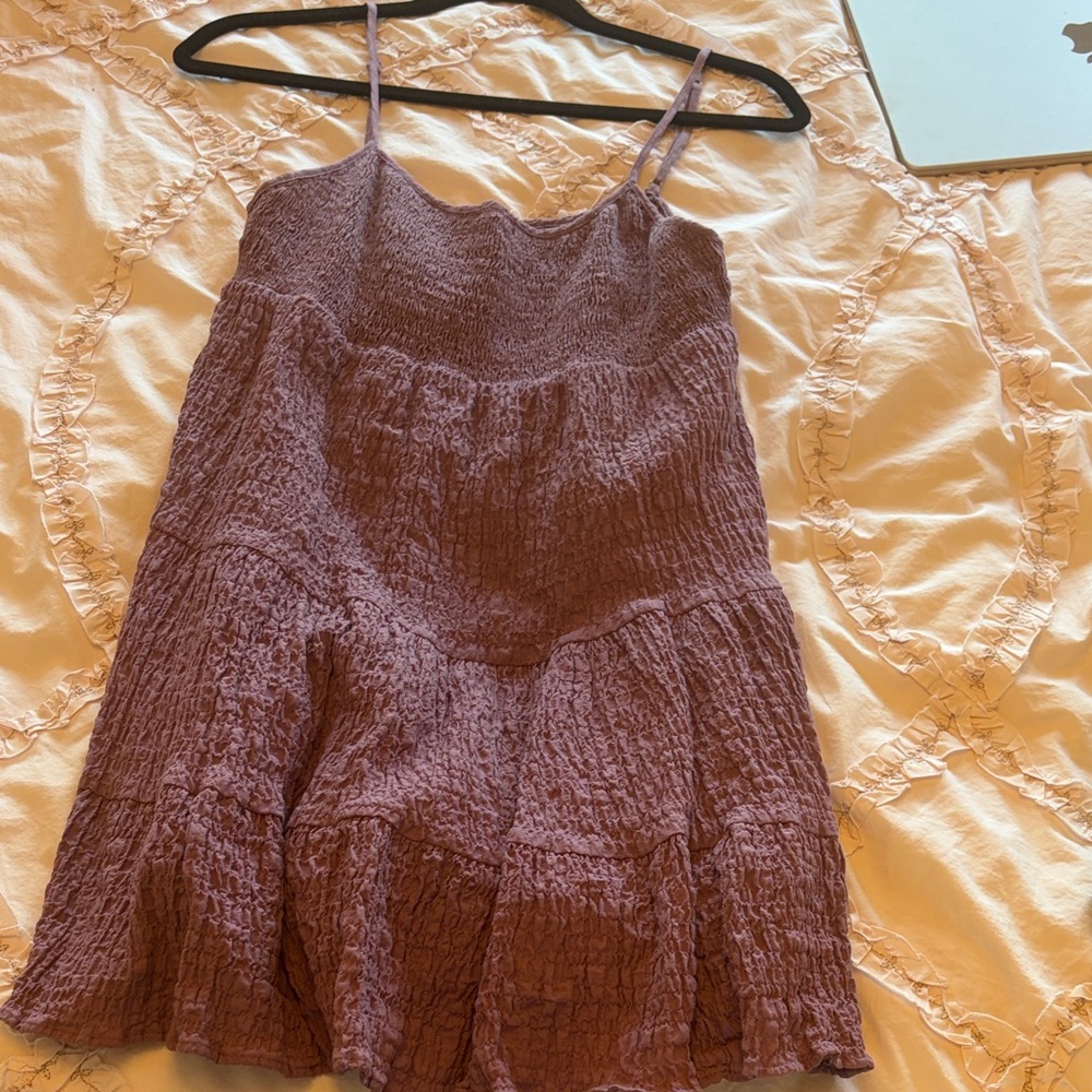 Zara Mauve Smocked Tiered Spaghetti Strap Mini Dress